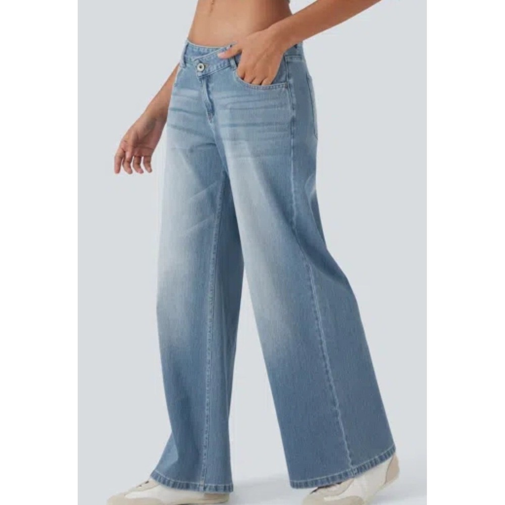 Halara Flex Asymmetric Low Rise Pockets Baggy Wide Leg Washed Jeans Sm Petite